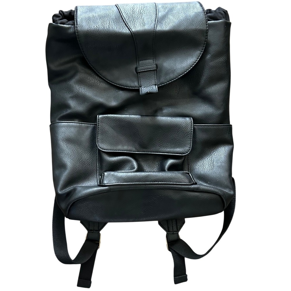 Universal Thread Black Faux Leather Backpack Flap Drawstring Everyday Bag